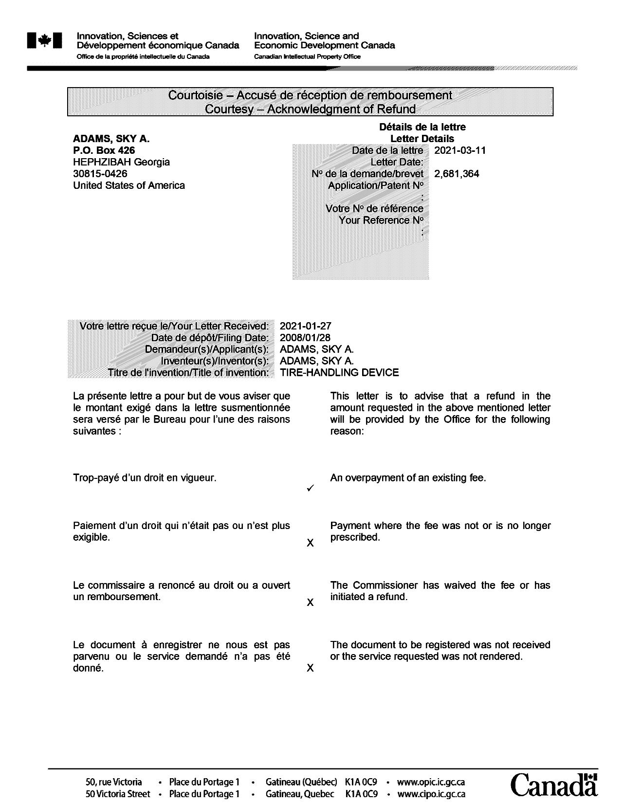 Document de brevet canadien 2681364. Lettre du bureau 20210311. Image 1 de 2