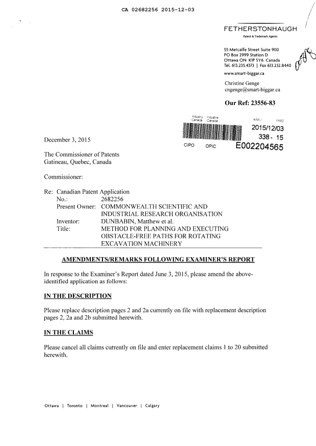 Document de brevet canadien 2682256. Modification 20151203. Image 1 de 15
