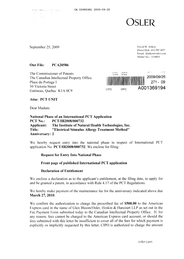 Canadian Patent Document 2682481. Assignment 20090925. Image 1 of 4