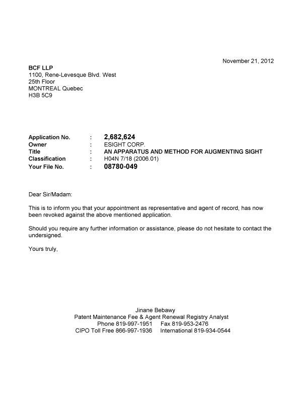 Canadian Patent Document 2682624. Correspondence 20121121. Image 1 of 1