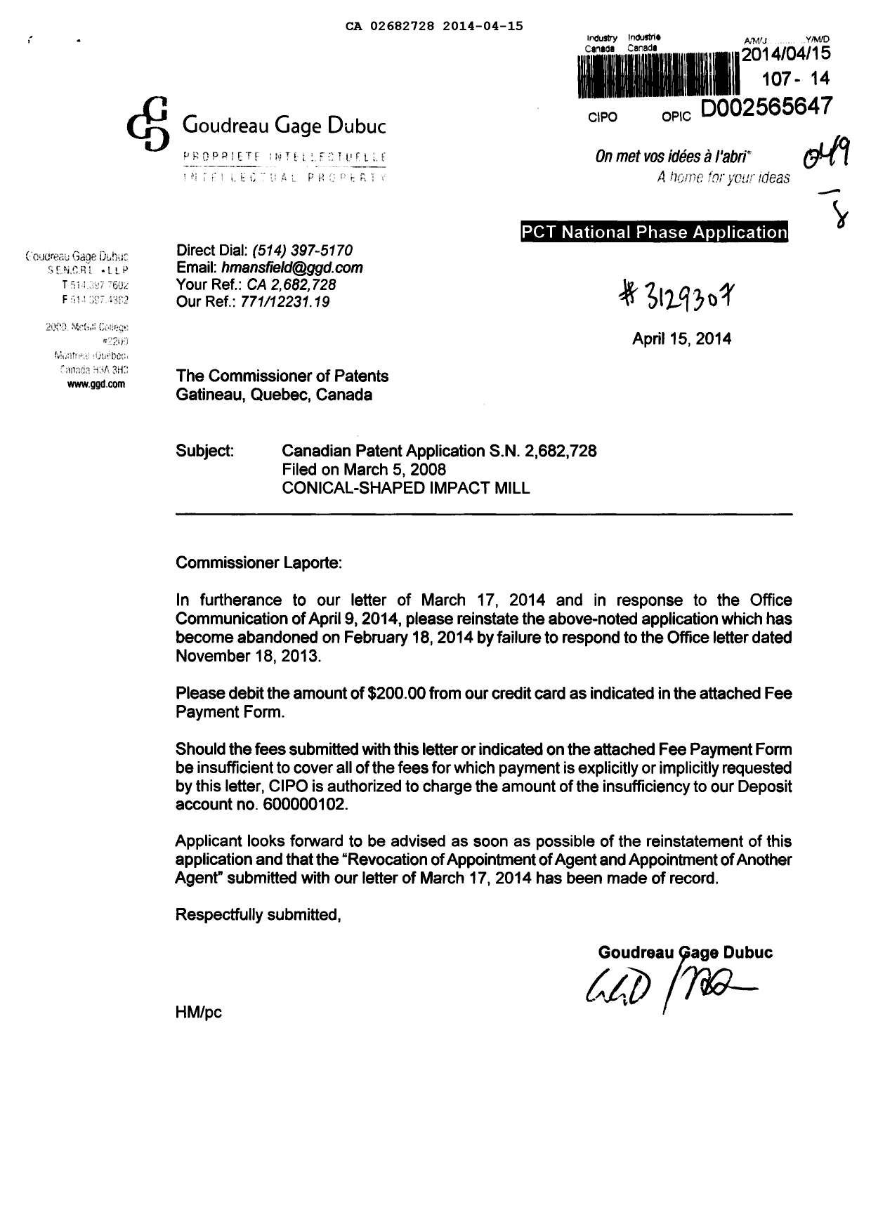 Canadian Patent Document 2682728. Correspondence 20140415. Image 1 of 1