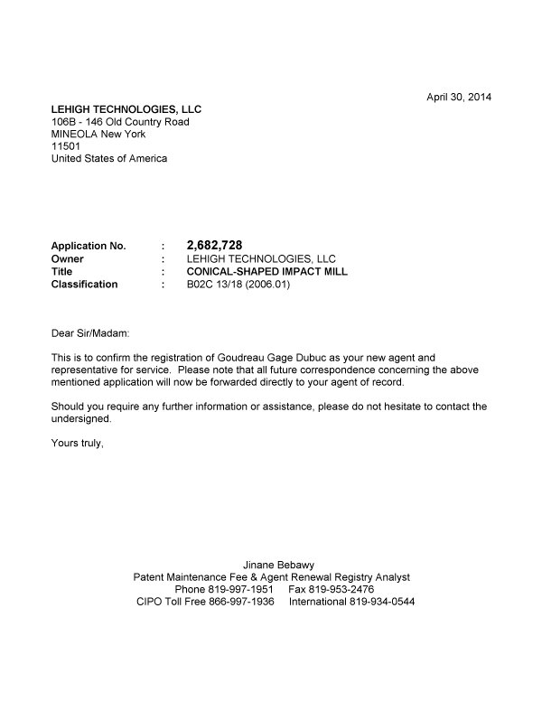 Document de brevet canadien 2682728. Correspondance 20140430. Image 1 de 1