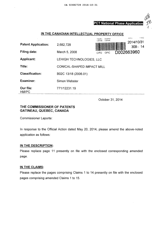 Canadian Patent Document 2682728. Prosecution-Amendment 20141031. Image 1 of 7