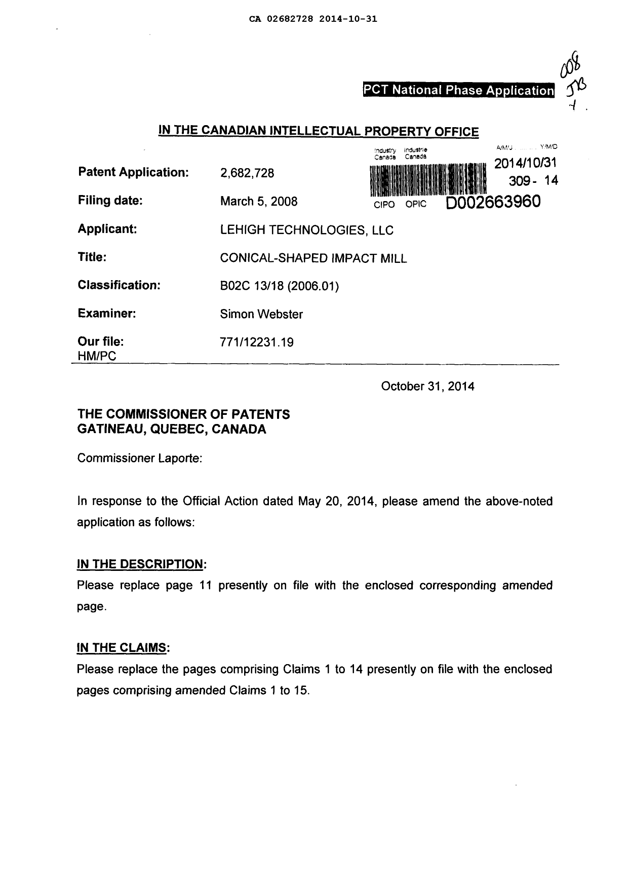 Canadian Patent Document 2682728. Prosecution-Amendment 20141031. Image 1 of 7