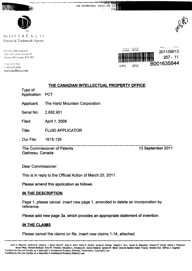 Canadian Patent Document 2682901. Prosecution-Amendment 20101213. Image 1 of 8