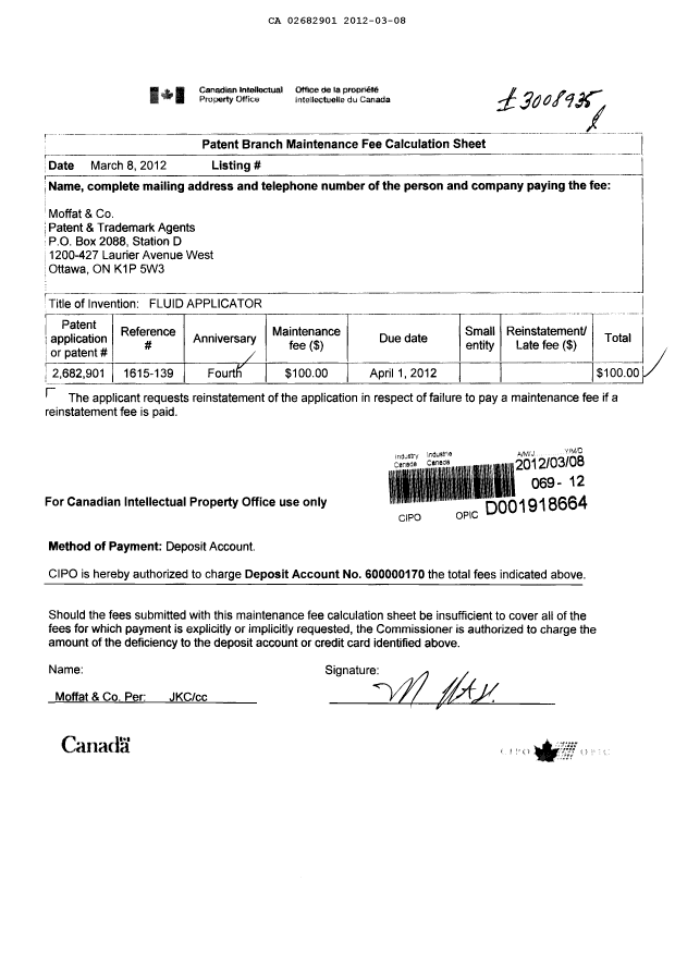 Canadian Patent Document 2682901. Fees 20111208. Image 1 of 1