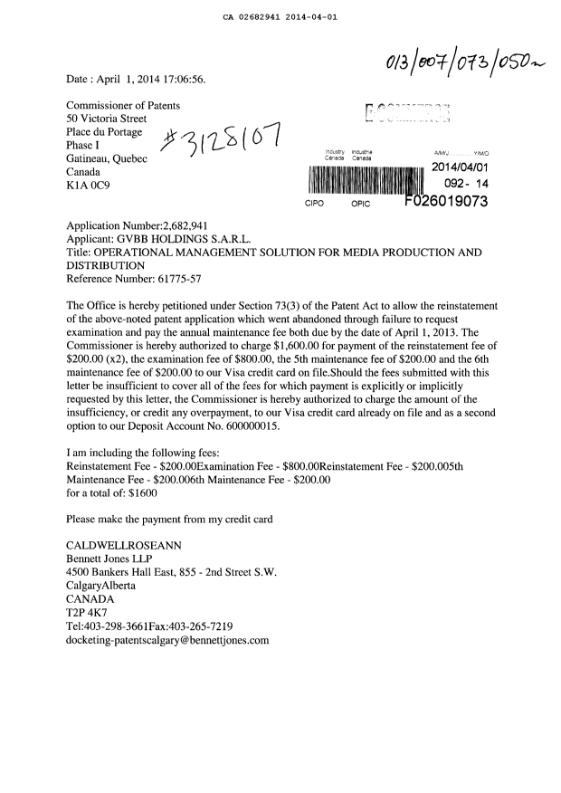 Document de brevet canadien 2682941. Taxes 20140401. Image 1 de 2