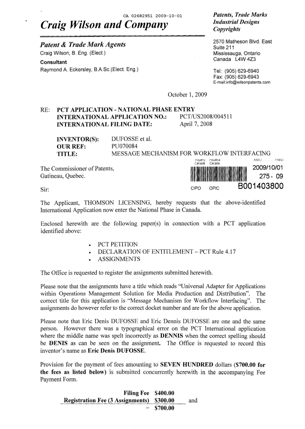 Document de brevet canadien 2682951. Cession 20091001. Image 1 de 8