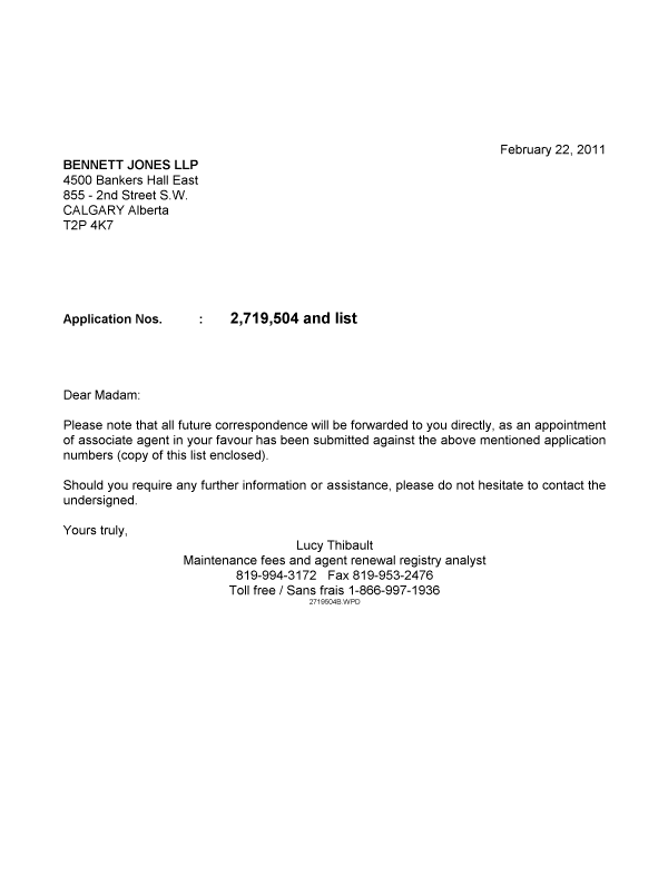 Document de brevet canadien 2682951. Correspondance 20110222. Image 1 de 1