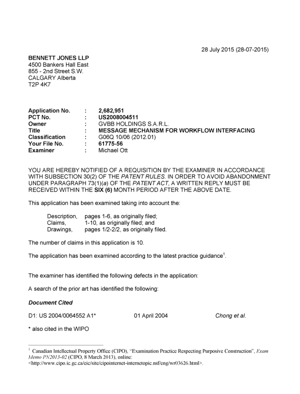 Canadian Patent Document 2682951. Examiner Requisition 20150728. Image 1 of 4