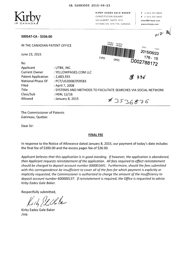 Canadian Patent Document 2683555. Correspondence 20141223. Image 1 of 1