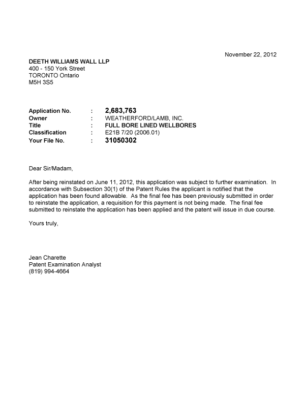 Canadian Patent Document 2683763. Correspondence 20111222. Image 1 of 1