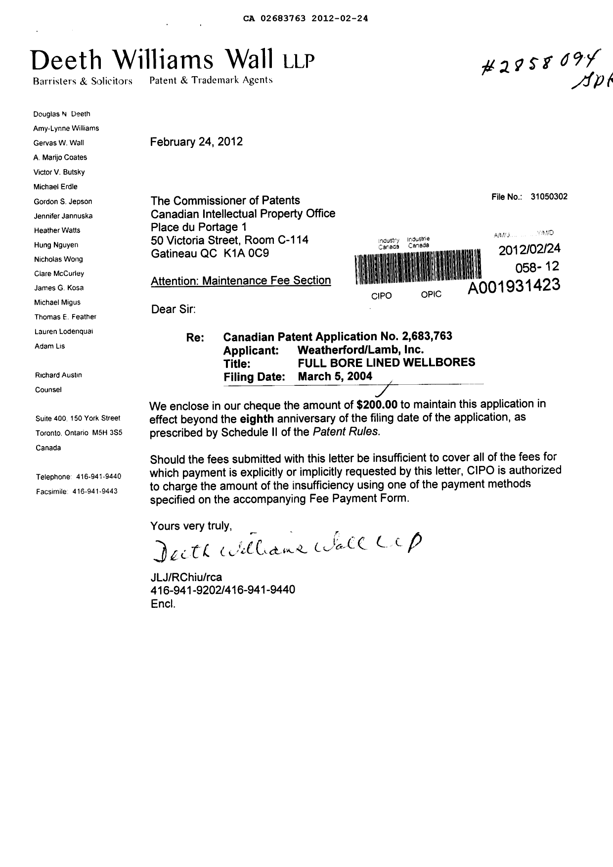 Document de brevet canadien 2683763. Taxes 20111224. Image 1 de 1