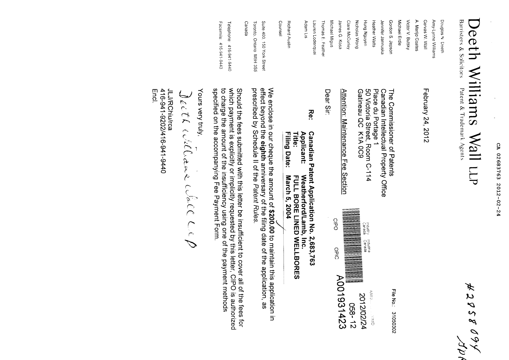Canadian Patent Document 2683763. Fees 20111224. Image 1 of 1