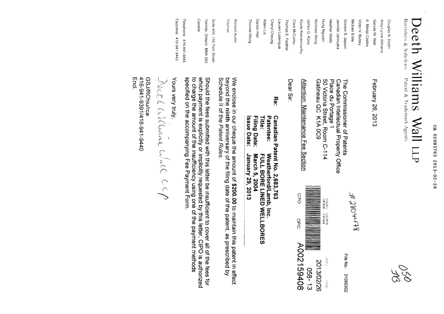 Document de brevet canadien 2683763. Taxes 20121226. Image 1 de 1