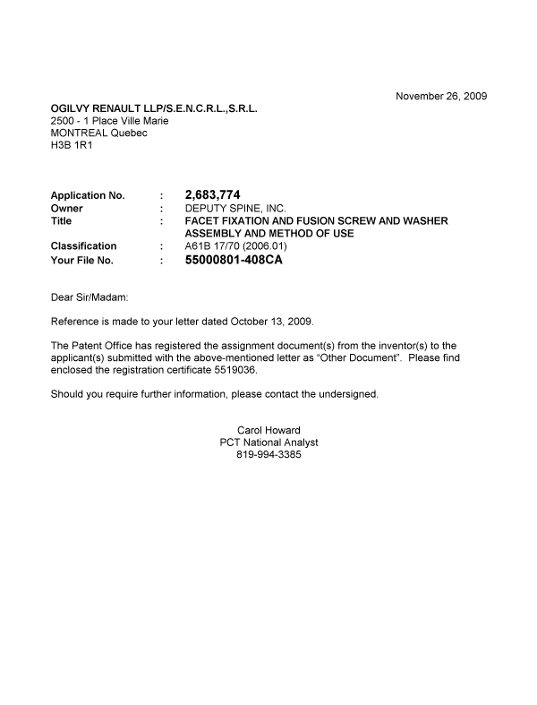 Document de brevet canadien 2683774. Correspondance 20091126. Image 1 de 1