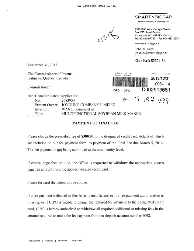 Document de brevet canadien 2683954. Correspondance 20131231. Image 1 de 2