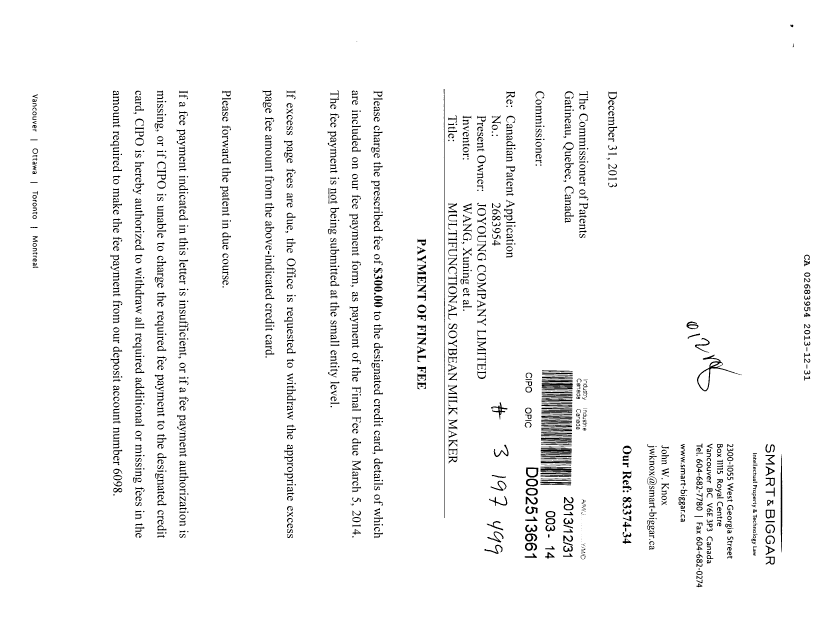 Canadian Patent Document 2683954. Correspondence 20131231. Image 1 of 2