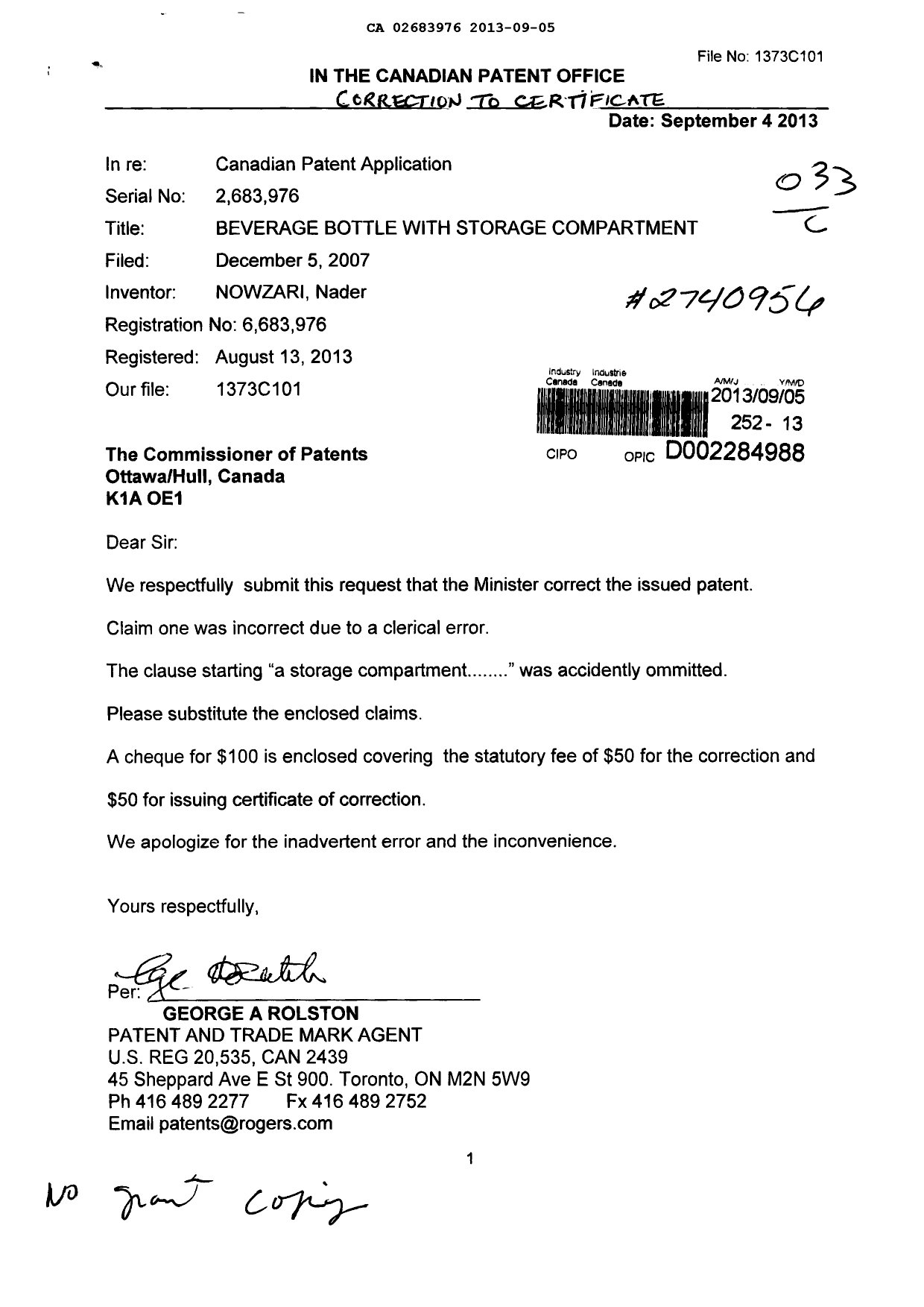 Canadian Patent Document 2683976. Correspondence 20130905. Image 1 of 2