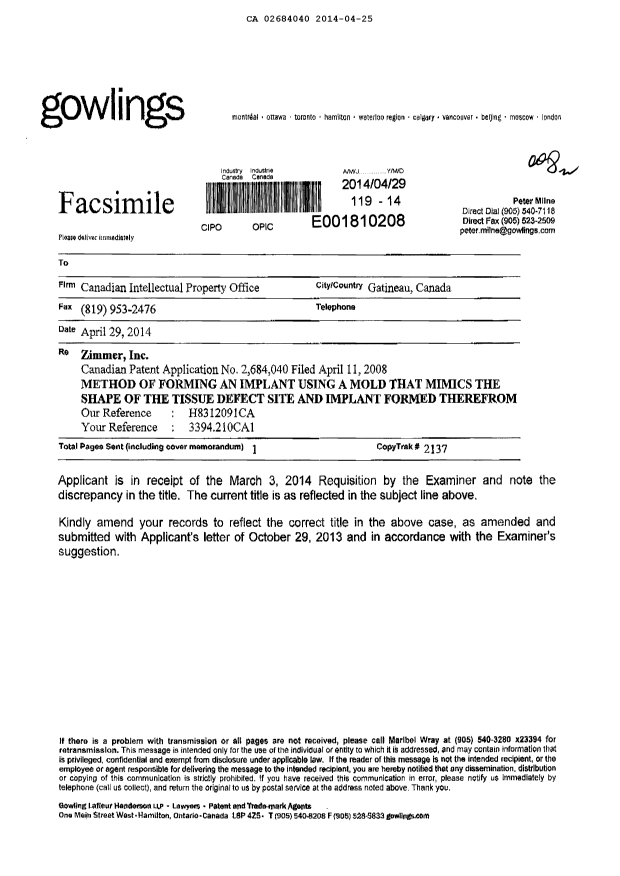 Canadian Patent Document 2684040. Prosecution-Amendment 20140425. Image 1 of 1