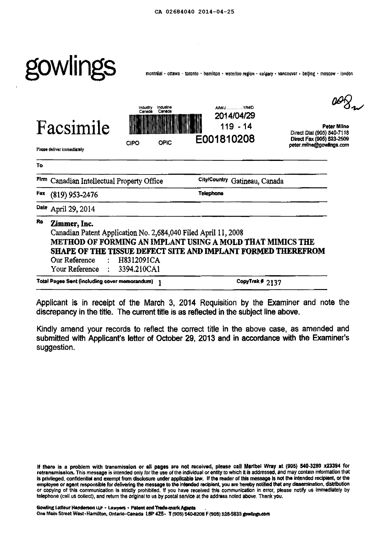 Canadian Patent Document 2684040. Prosecution-Amendment 20140425. Image 1 of 1