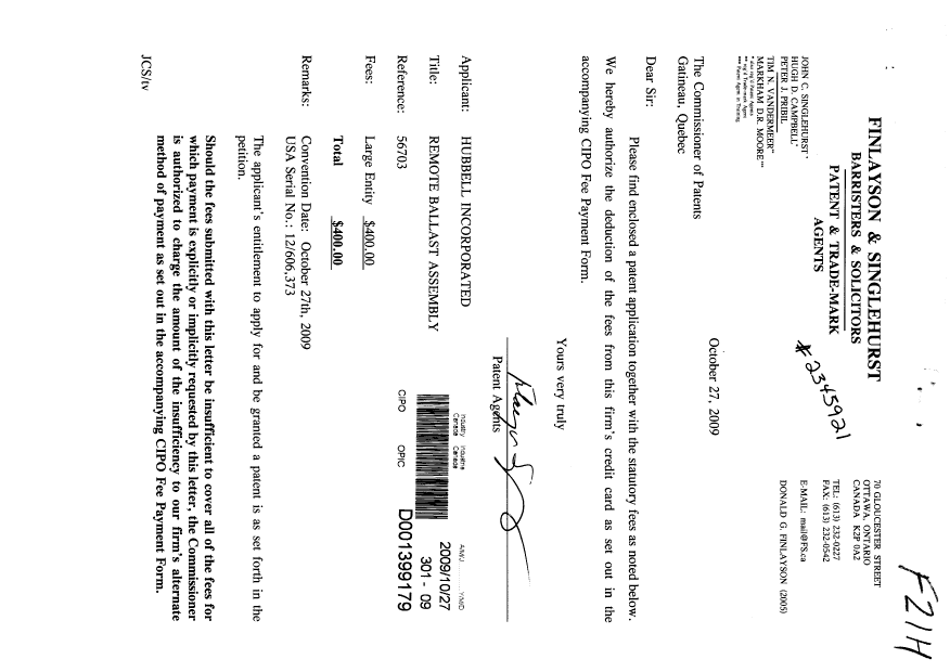 Canadian Patent Document 2684050. Assignment 20091027. Image 1 of 3