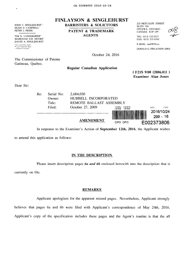 Canadian Patent Document 2684050. Amendment 20161024. Image 1 of 4