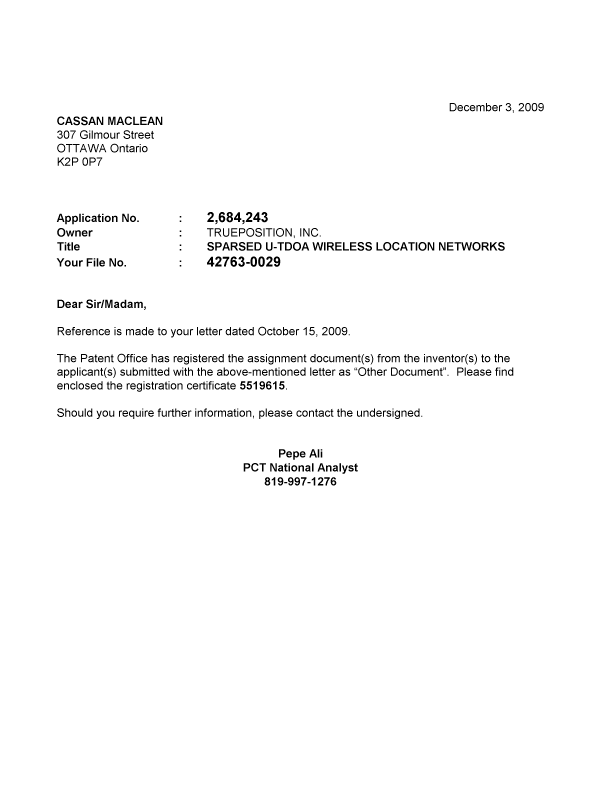 Document de brevet canadien 2684243. Correspondance 20091203. Image 1 de 1