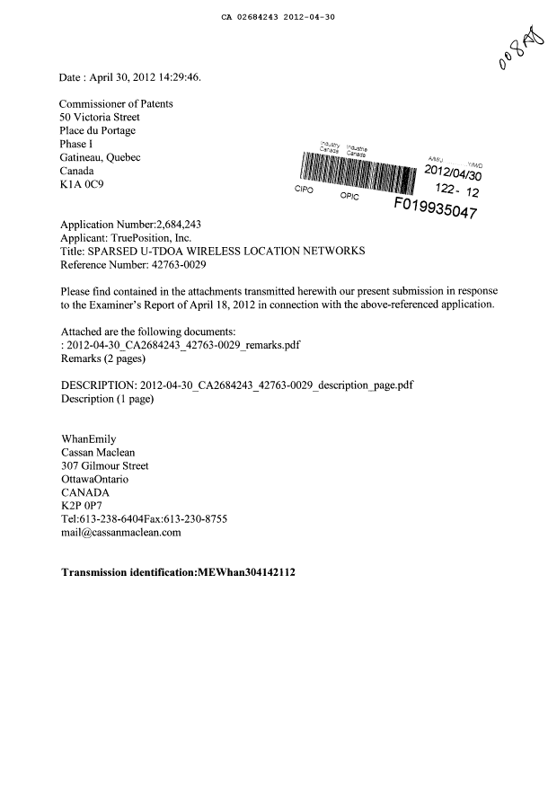 Canadian Patent Document 2684243. Prosecution-Amendment 20120430. Image 1 of 4