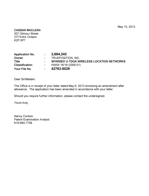 Document de brevet canadien 2684243. Correspondance 20130513. Image 1 de 1