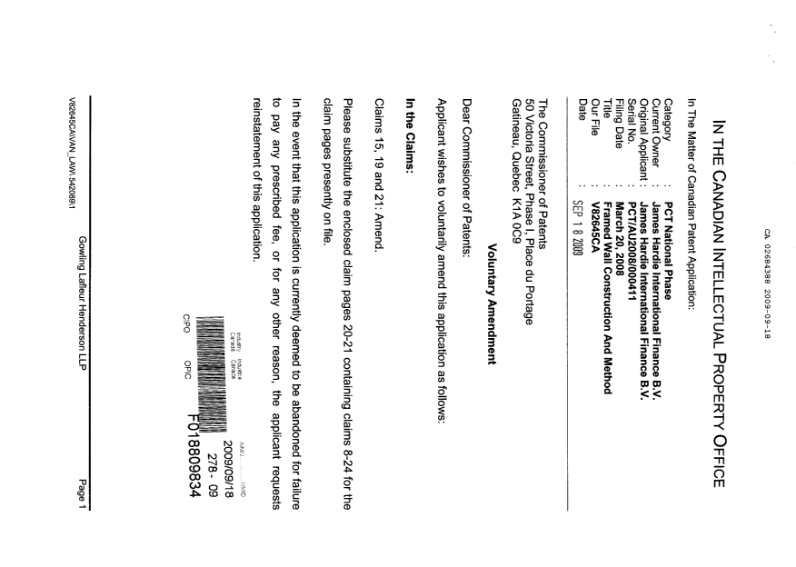 Document de brevet canadien 2684388. Poursuite-Amendment 20090918. Image 1 de 4
