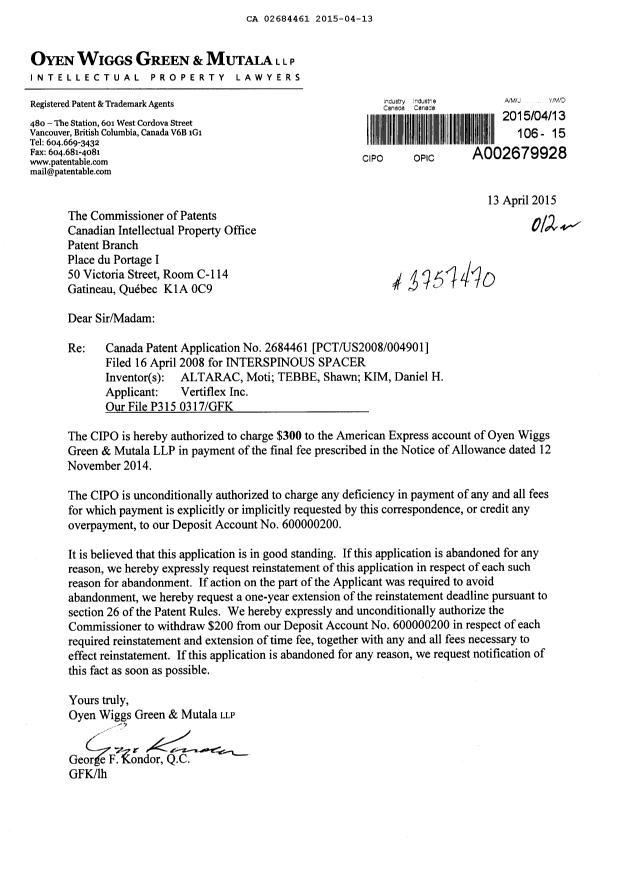 Canadian Patent Document 2684461. Correspondence 20150413. Image 1 of 1
