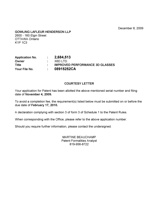 Canadian Patent Document 2684513. Correspondence 20081201. Image 1 of 1