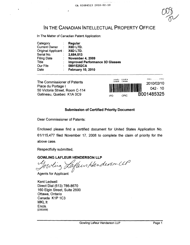 Canadian Patent Document 2684513. Prosecution-Amendment 20091210. Image 1 of 1