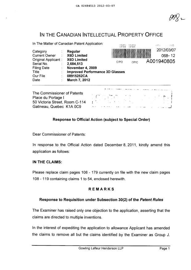 Canadian Patent Document 2684513. Prosecution-Amendment 20111207. Image 1 of 14
