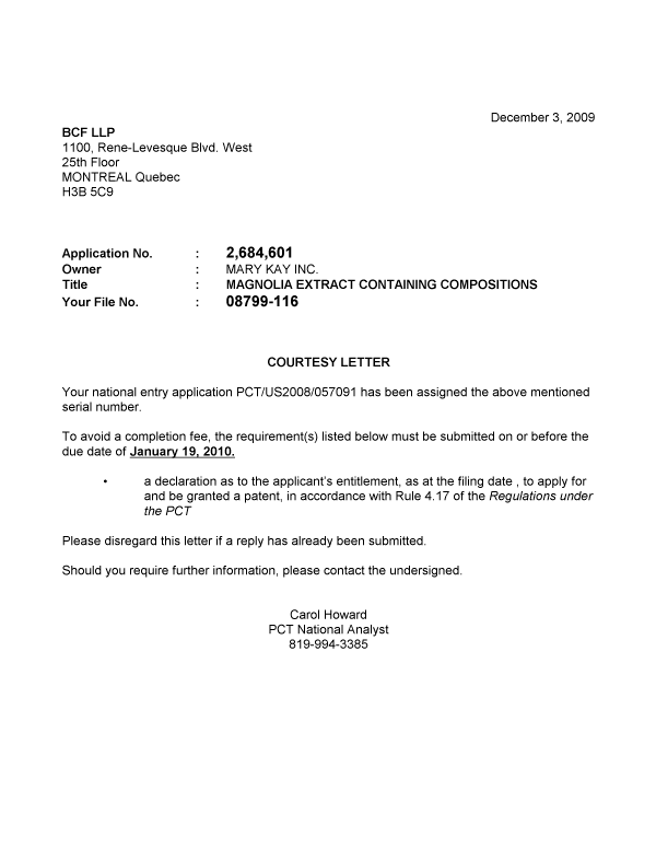 Canadian Patent Document 2684601. Correspondence 20081203. Image 1 of 1