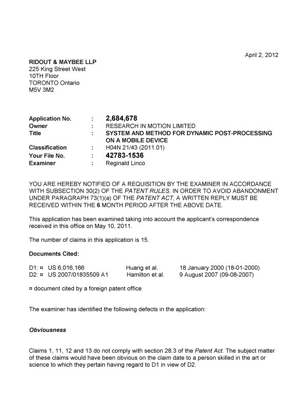 Canadian Patent Document 2684678. Prosecution-Amendment 20120402. Image 1 of 3