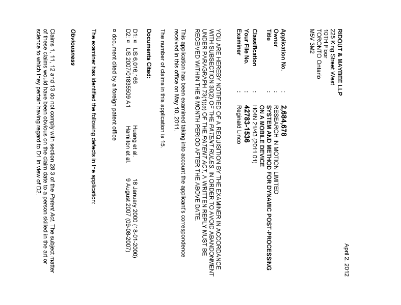 Canadian Patent Document 2684678. Prosecution-Amendment 20120402. Image 1 of 3