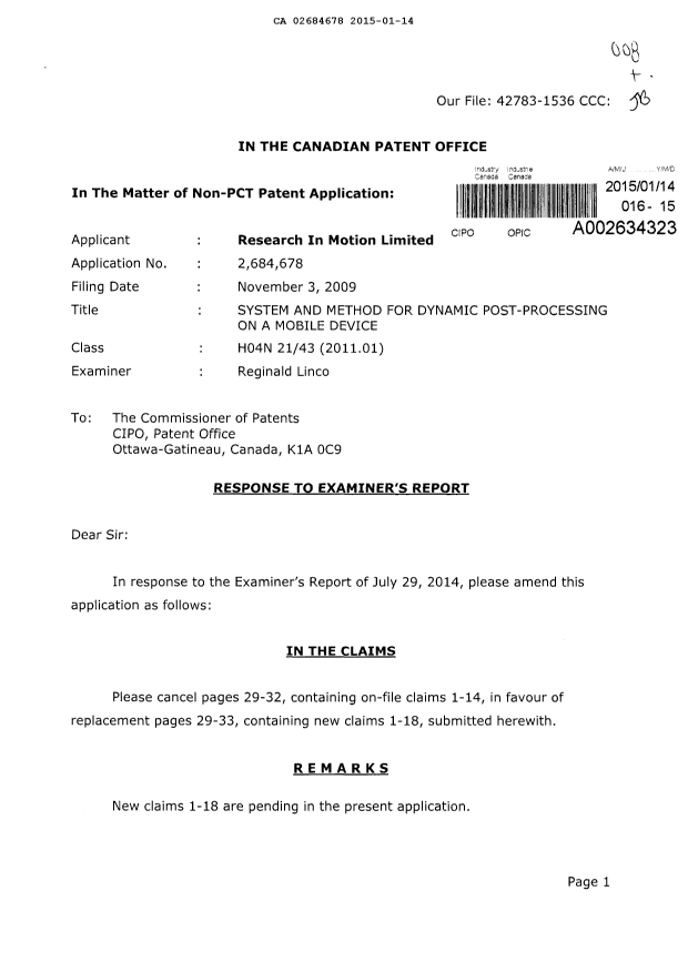 Canadian Patent Document 2684678. Prosecution-Amendment 20150114. Image 1 of 13