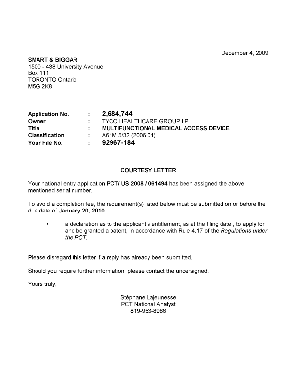 Canadian Patent Document 2684744. Correspondence 20091204. Image 1 of 1