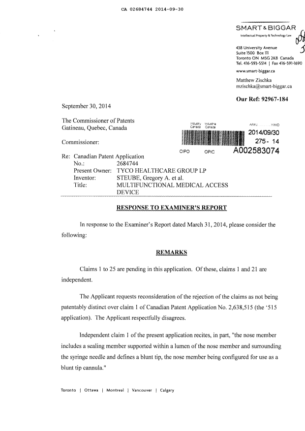 Canadian Patent Document 2684744. Prosecution-Amendment 20140930. Image 1 of 3