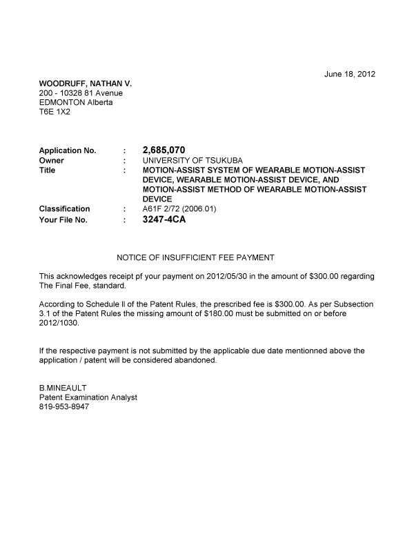 Document de brevet canadien 2685070. Correspondance 20120612. Image 1 de 1