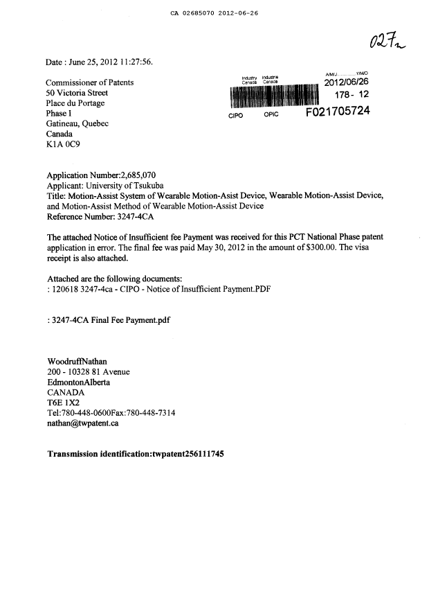 Document de brevet canadien 2685070. Poursuite-Amendment 20120626. Image 1 de 3