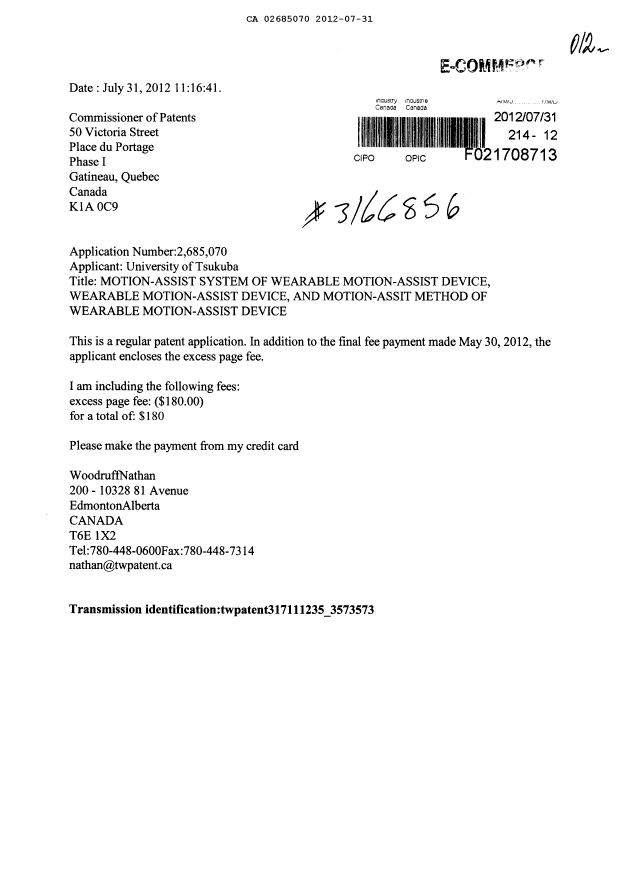Document de brevet canadien 2685070. Correspondance 20120731. Image 1 de 1