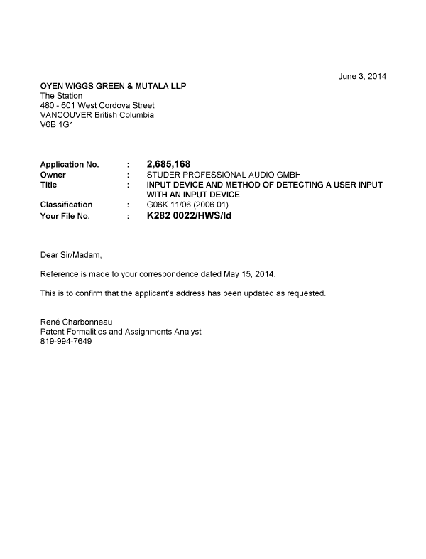 Document de brevet canadien 2685168. Correspondance 20140603. Image 1 de 1