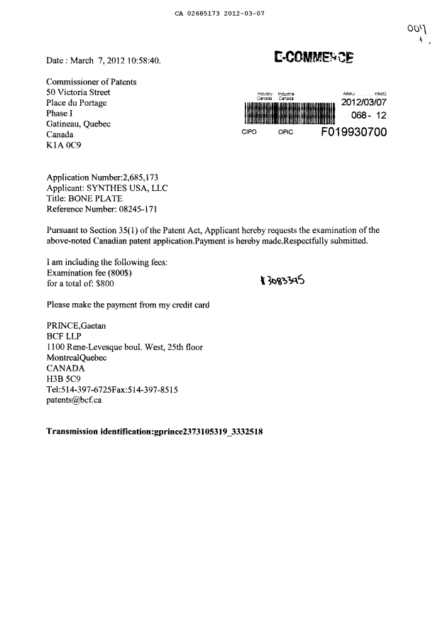 Canadian Patent Document 2685173. Prosecution-Amendment 20111207. Image 1 of 1