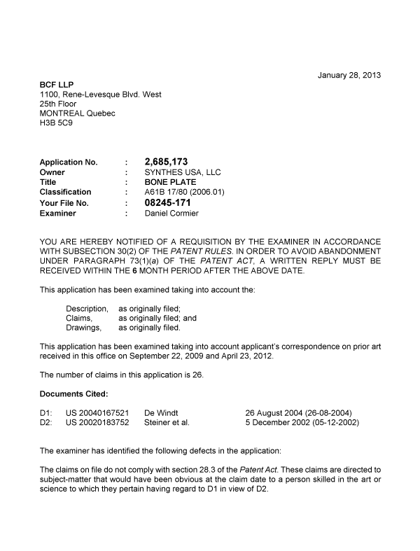 Canadian Patent Document 2685173. Prosecution-Amendment 20121228. Image 1 of 2