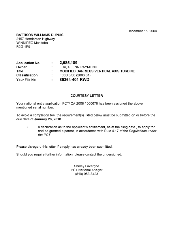 Canadian Patent Document 2685189. Correspondence 20081215. Image 1 of 1