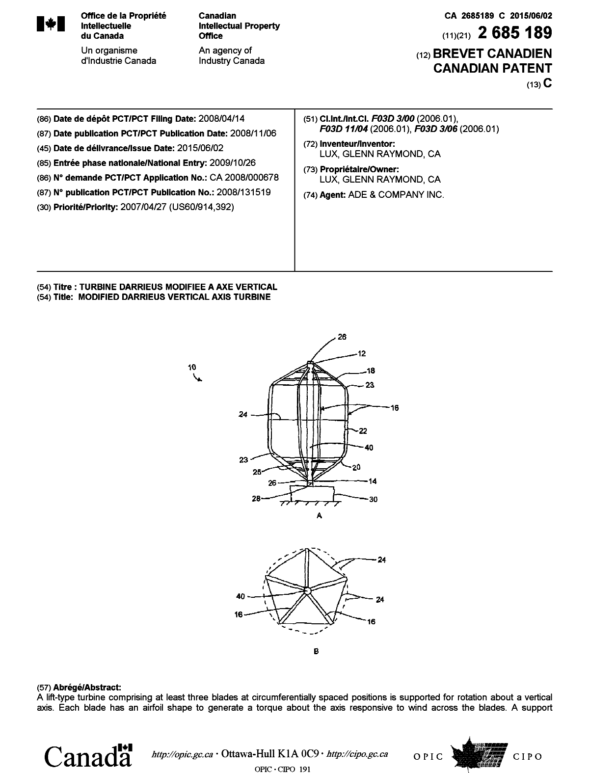 Canadian Patent Document 2685189. Cover Page 20141211. Image 1 of 2
