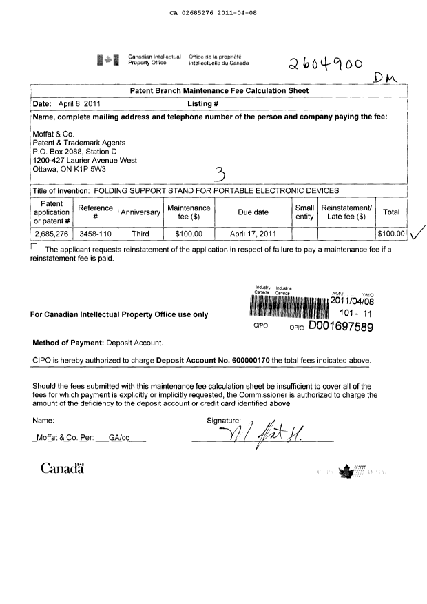 Canadian Patent Document 2685276. Fees 20110408. Image 1 of 1